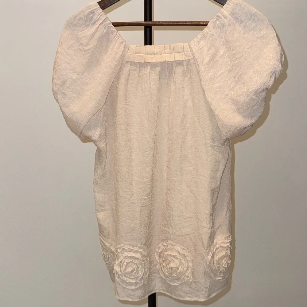 Anthropologie Solitaire Silk Blend Floral Appliqué Puff Sleeve Blouse. Size M